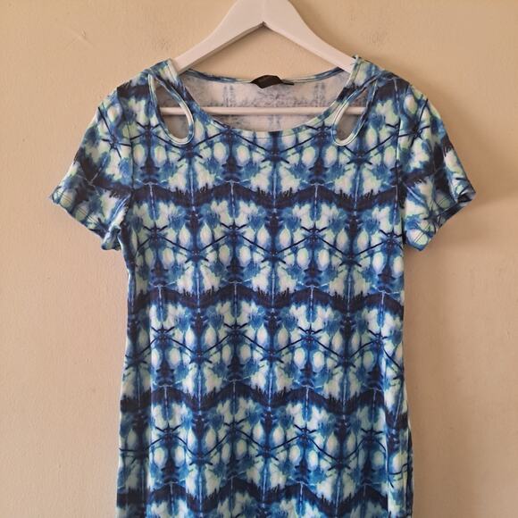 Rafaella Blue, White & Green Tie Dye Print Cotton Dress Crewneck Women's Size M - Picture 3 of 9